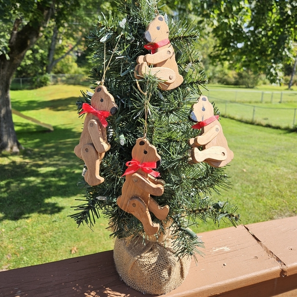 Vintage Wood Teddy Bear Christmas Ornaments (Set of 4) - Picture 1 of 10